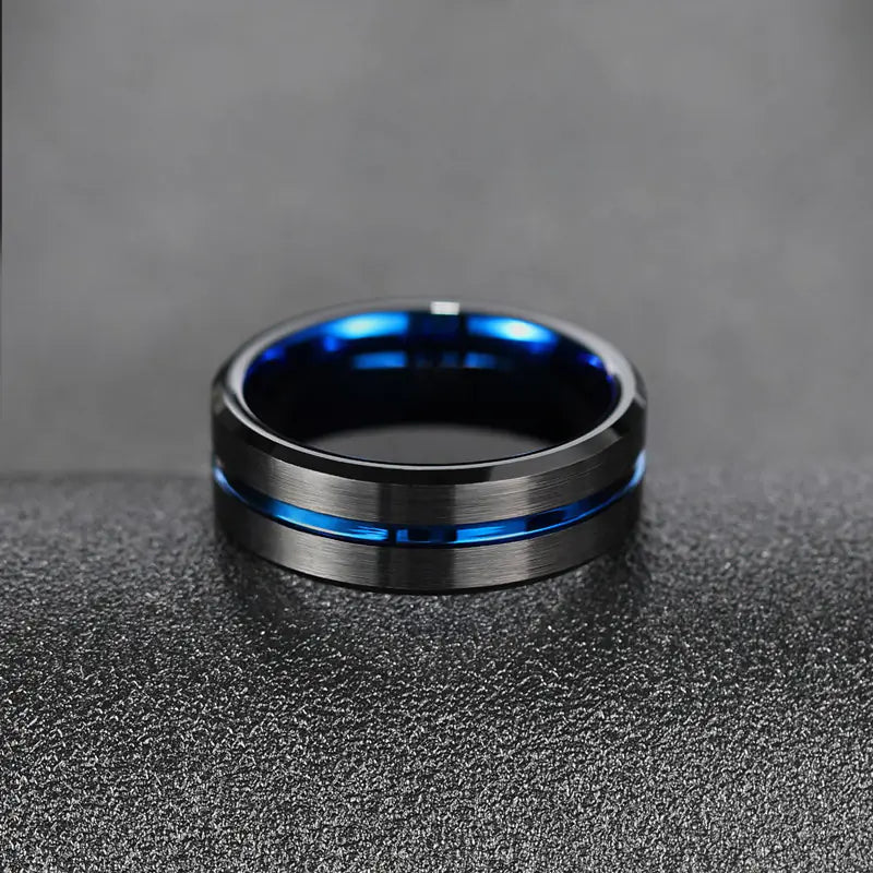 Men's Blue Groove Wide Surface Tungsten Ring