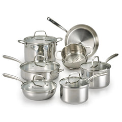 Lagostina 3 Ply Clad 12-pc Cookware Set  Stainless Steel Pots and Pans stay-cool cast stainless steel handles tempered glass lids Induction safe Oven Safe 500°F without the lids