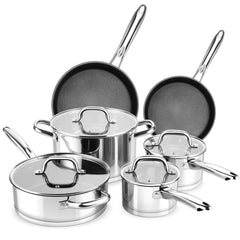 P&P CHEF 10 Pcs Stainless Steel Pots and Pans Sets Kitchen Cookware Set of 6 Induction Cooking Pot & Saucepans with Lids Nonstick Frying Pans & Saute Pan