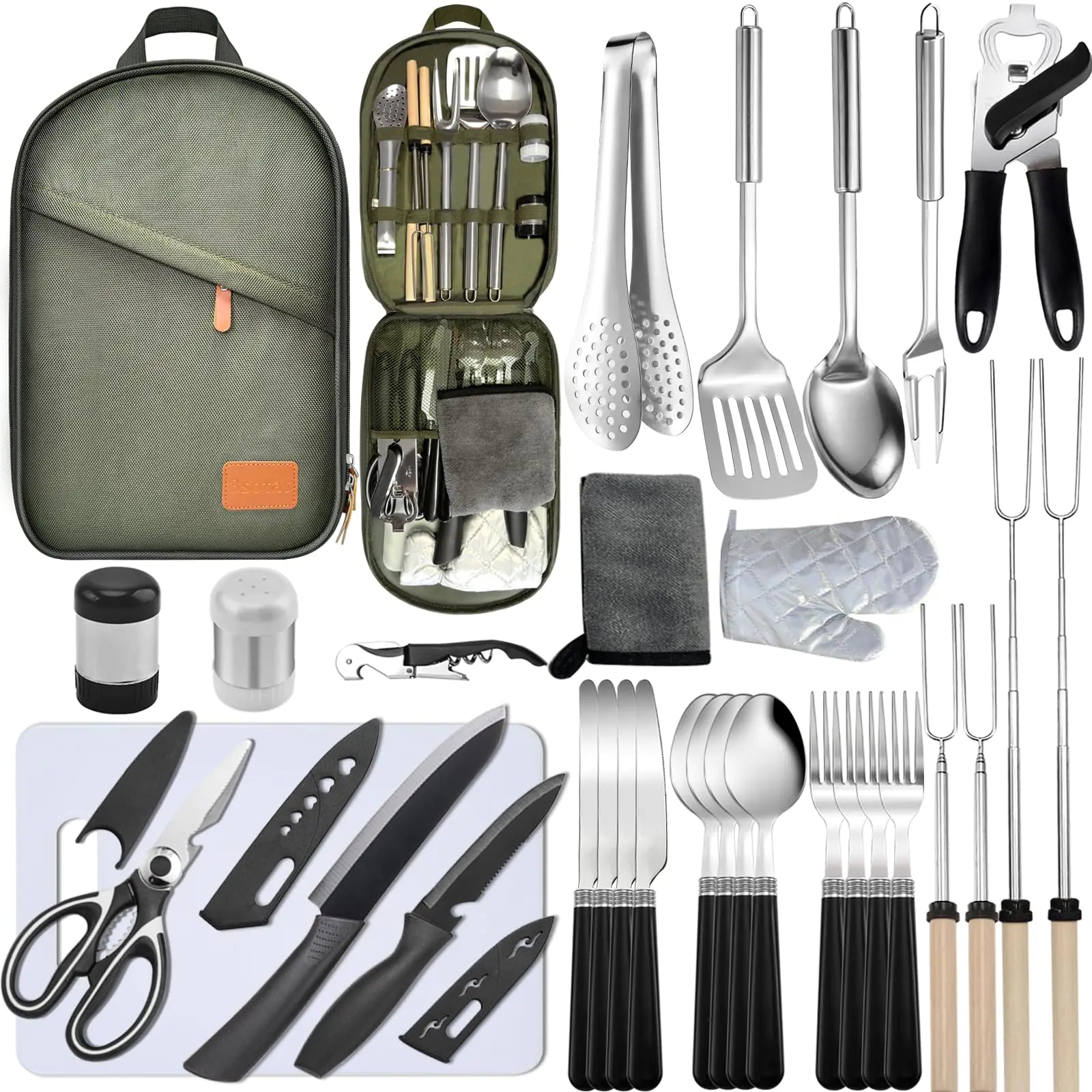 Camping Cooking Set- 31 Pcs Camping Utensils Camping Essentials Camping Gear for Camp Kitchen Cooking and Grilling Portable Outdoor Cooking Travel Set for RV Tent Camper BBQs Camping Accessories