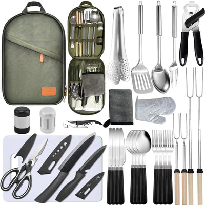 Camping Cooking Set- 31 Pcs Camping Utensils Camping Essentials Camping Gear for Camp Kitchen Cooking and Grilling Portable Outdoor Cooking Travel Set for RV Tent Camper BBQs Camping Accessories