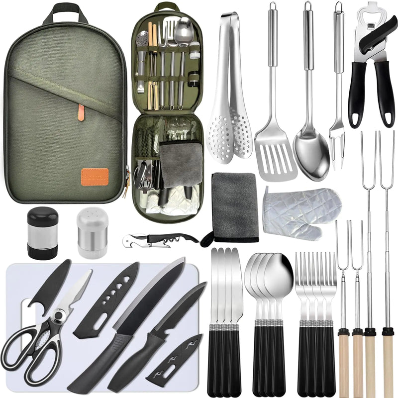 Camping Cooking Set- 31 Pcs Camping Utensils Camping Essentials Camping Gear for Camp Kitchen Cooking and Grilling Portable Outdoor Cooking Travel Set for RV Tent Camper BBQs Camping Accessories