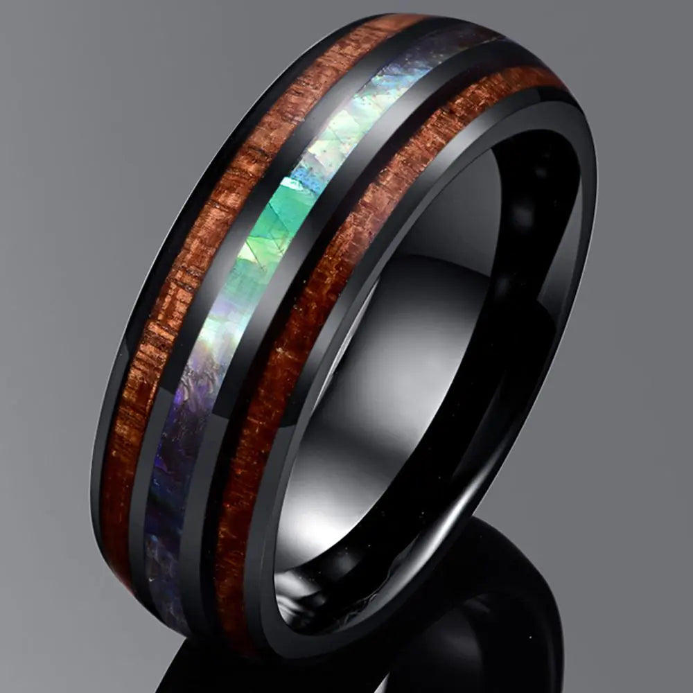 Electroplated Black Tungsten Ring with Abalone Inlay