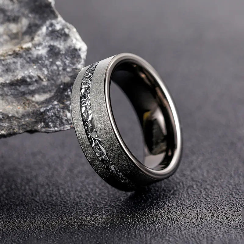 Men's Black Tungsten Ring with Aluminum Slag Design