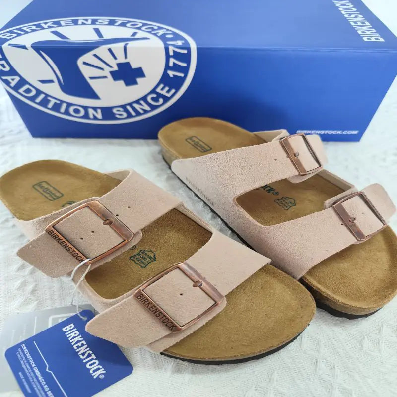 Genuine Leather Cork Sole Slide-On Flat Sandals for Women