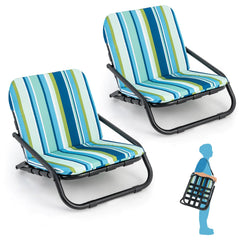 GYMAX Beach Chair 2 Pack 300LBS Low Beach Chair with Shoulder Strap Removable Cushion & Aluminum Frame Folding Reclining Beach Chair Heavy Duty Portable Beach Chair for Adults (1 Blue Stripe)