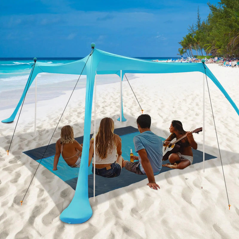 Beach Canopy Beach Tent 11x11 FT + Beach Blanket Included - Canopy with 4 Stability Poles Easy to Setup Outdoor Shade for Beach Camping Backyard and Picnics