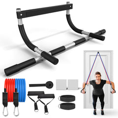 ONETWOFIT Pull Up Bar for Doorway Adjustable Door Frame Chin Up Bar Portable Pull-Up Bar for Home Gym Strength Training Upper Body Fitness Workout Exercise Bar with Resistance Bands Set