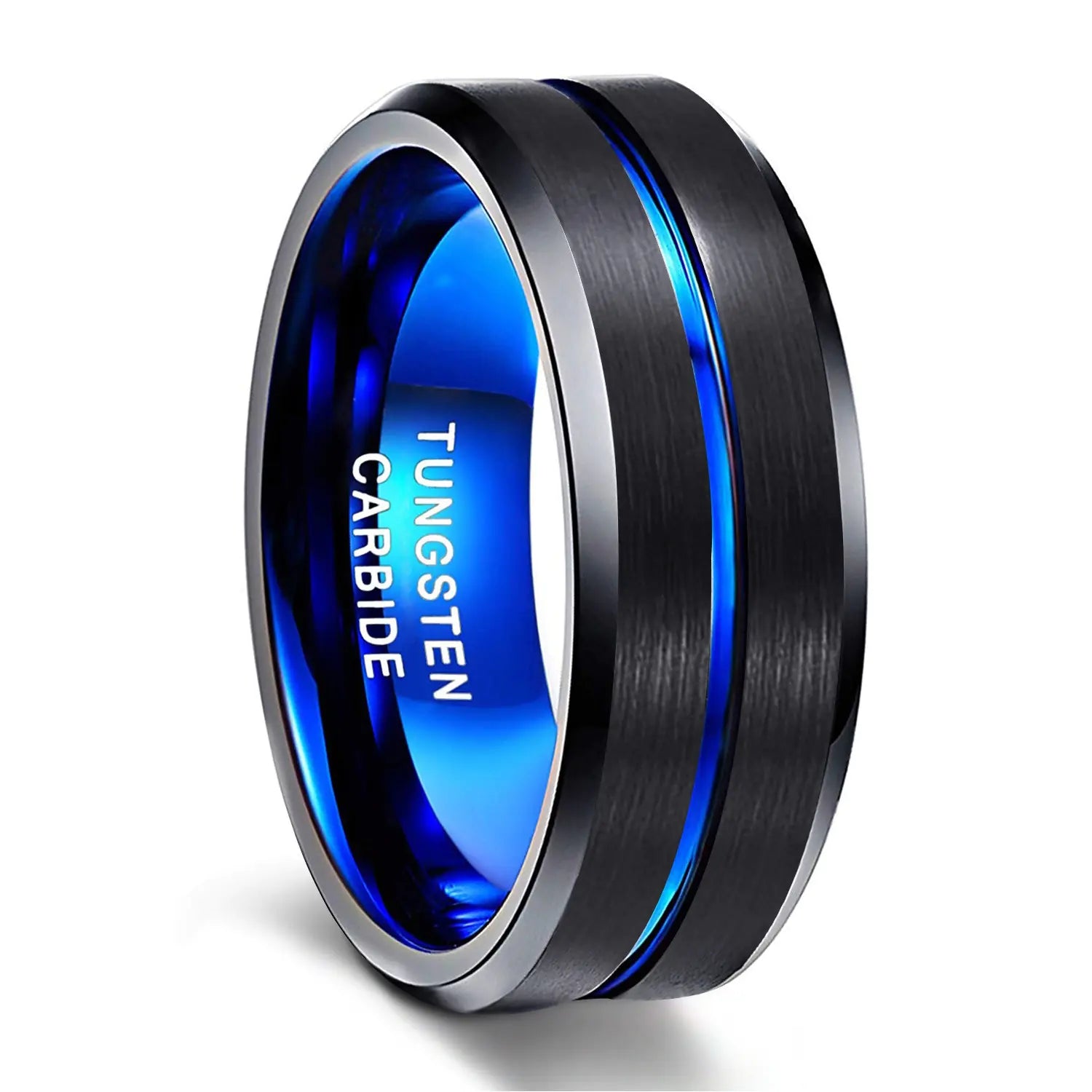 Men's Blue Groove Wide Surface Tungsten Ring