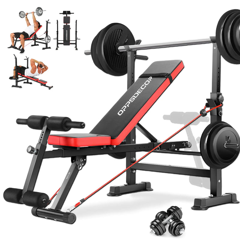 OPPSDECOR Adjustable Weight Bench Set with Squat Barbell Rack and Removable Foot Bracket Bench Press Workout Bench with Weight Storage Sit up Incline Flat Decline 600lbs 6 in 1 Weight Bench for Full
