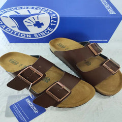 Genuine Leather Cork Sole Slide-On Flat Sandals for Women