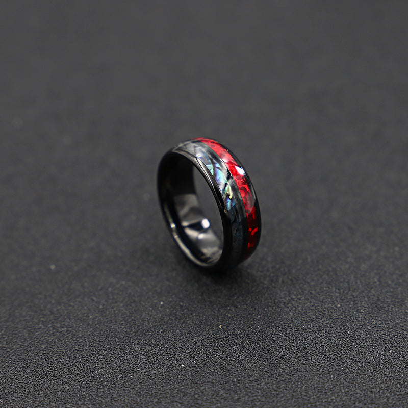 Black Tungsten Ring w/ Red & Shell Inlay