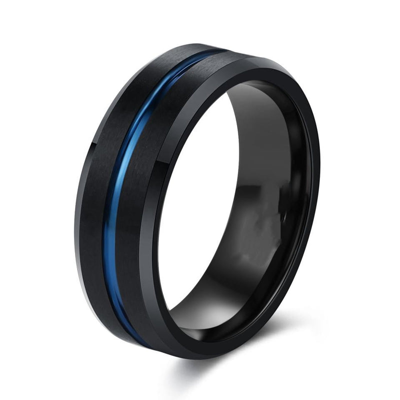 Men's Simple Flat Black Tungsten Steel Ring with Blue