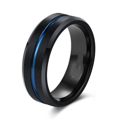 Men's Simple Flat Black Tungsten Steel Ring with Blue