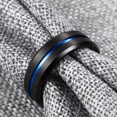 Men's Simple Flat Black Tungsten Steel Ring with Blue