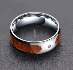 Stainless Steel Ring with Diamond & Wood Grain