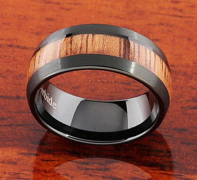 Stylish Black Tungsten Wood Grain Ring for Men