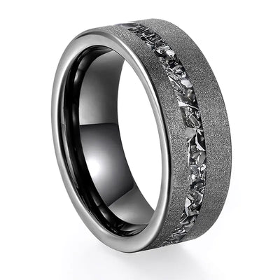 Black Sand Tungsten Ring w/ Meteorite Inlay Design