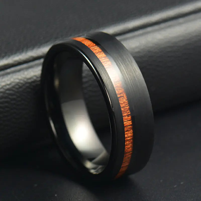 Stainless Steel Vintage Red Wood Tungsten Ring for Couples