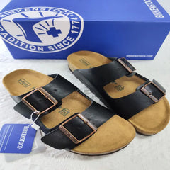 Genuine Leather Cork Sole Slide-On Flat Sandals for Women